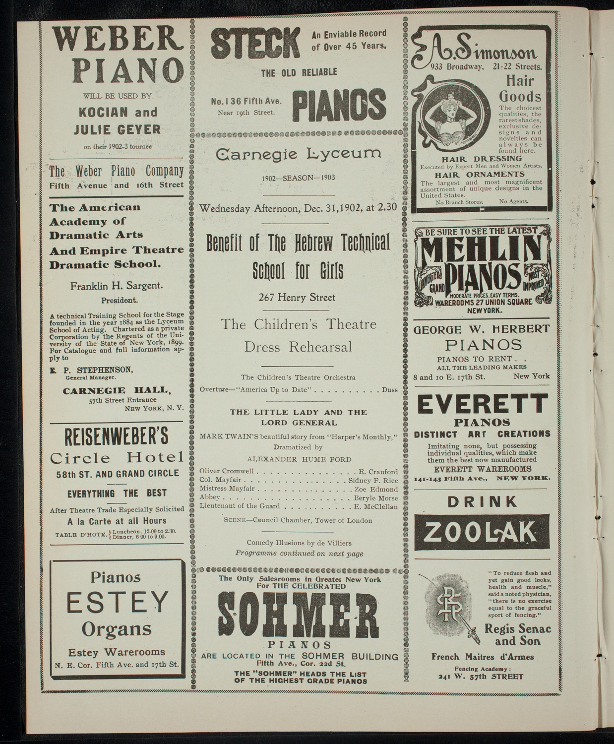 Dress Rehearsal: Benefit for the Hebrew Technical School for Girls by the Children's Theatre, December 31, 1902, program page 2