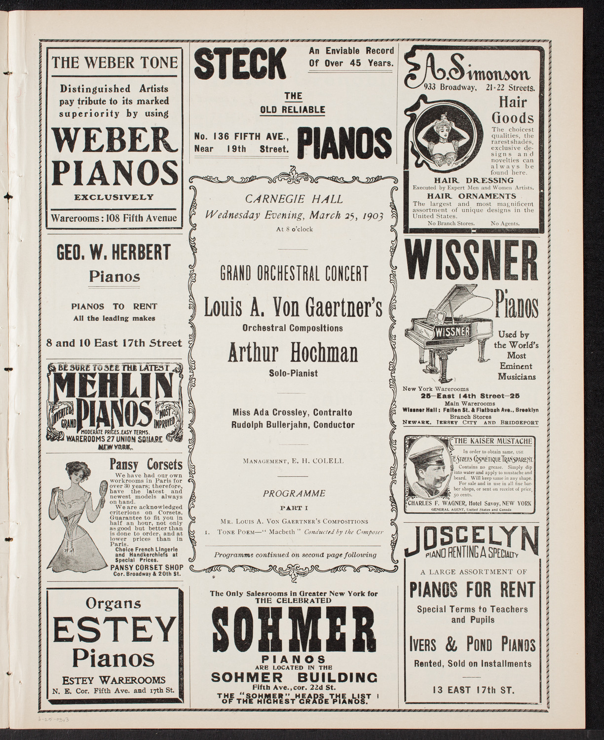 Louis A. von Gaertner Orchestral Concert, March 25, 1903, program page 5