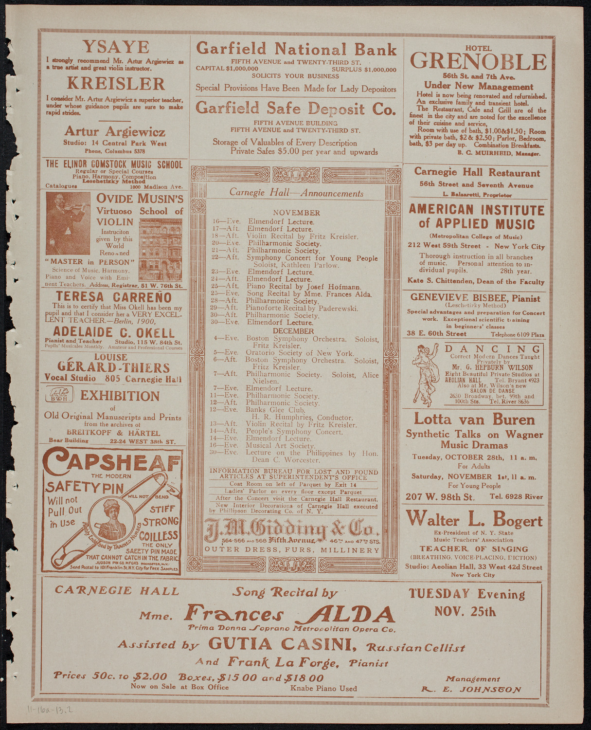 New York Philharmonic, November 16, 1913, program page 3