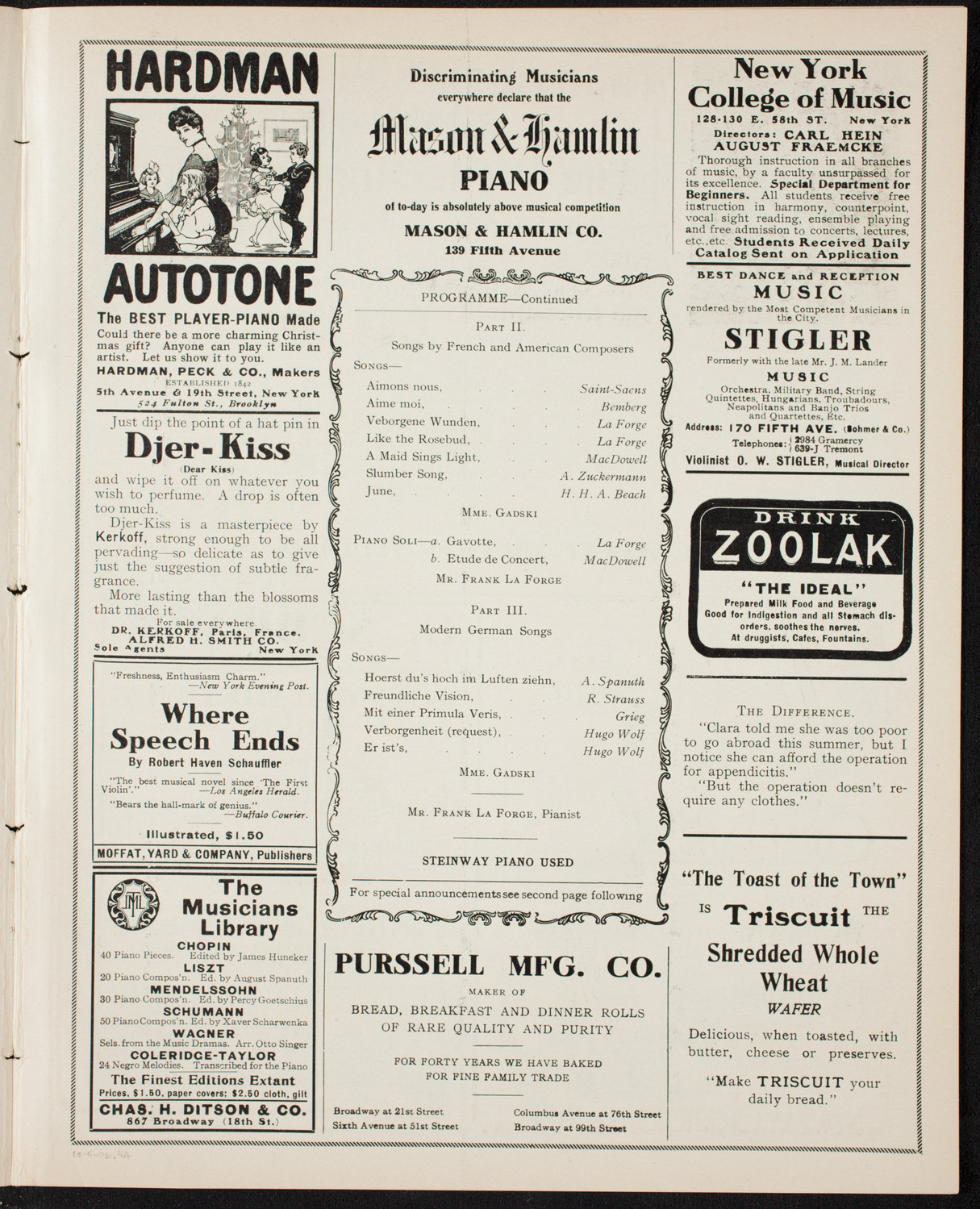 Johanna Gadski, Soprano, December 11, 1906, program page 7