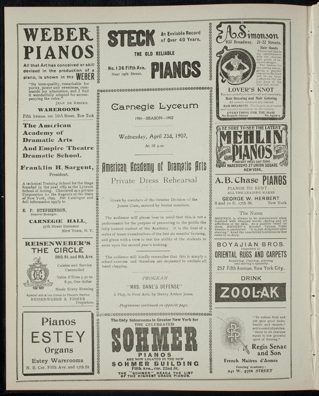 American Academy of the Dramatic Arts Private Dress Rehearsal, April 23, 1902, program page 2