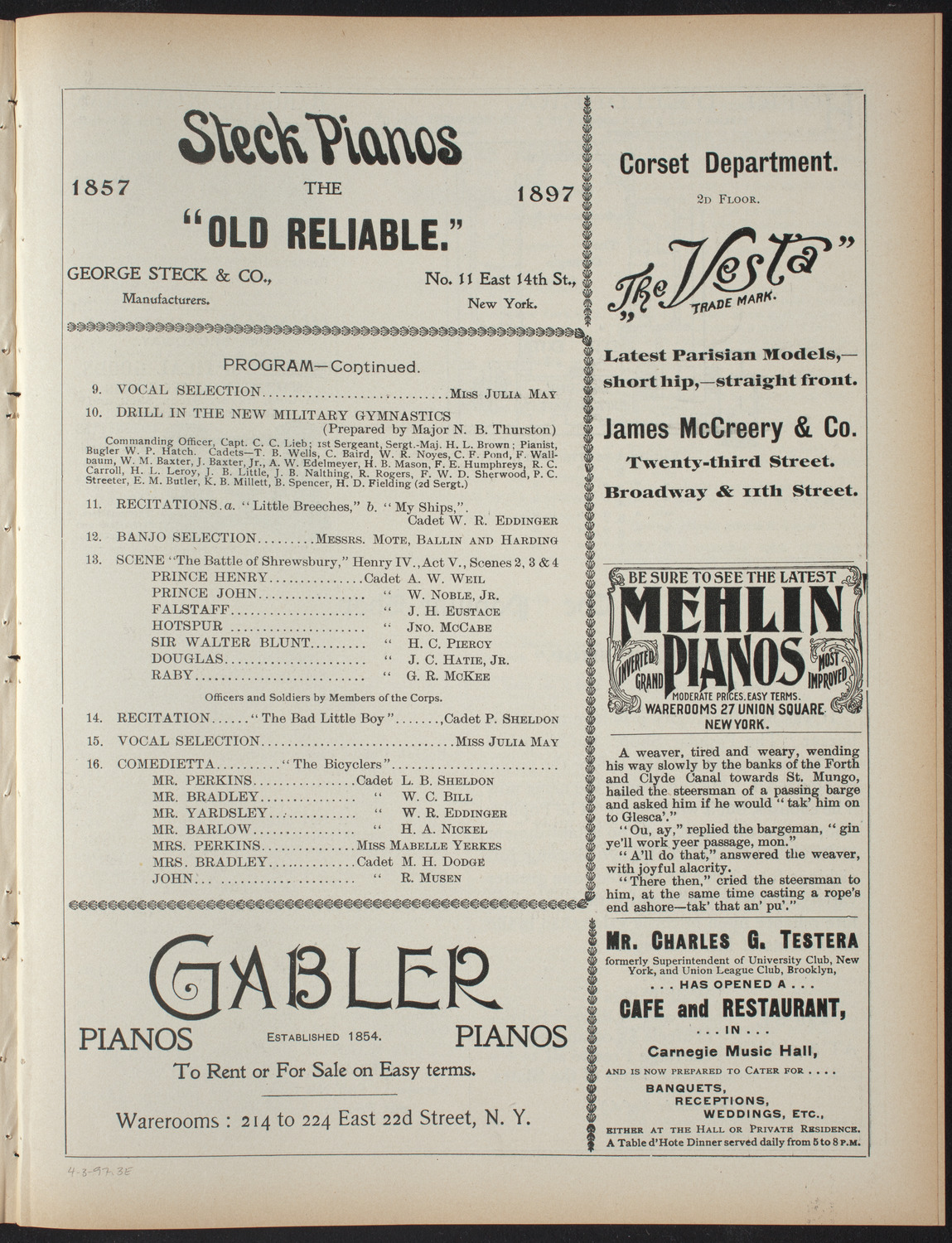 Columbia Institute Cadets, April 3, 1897, program page 5