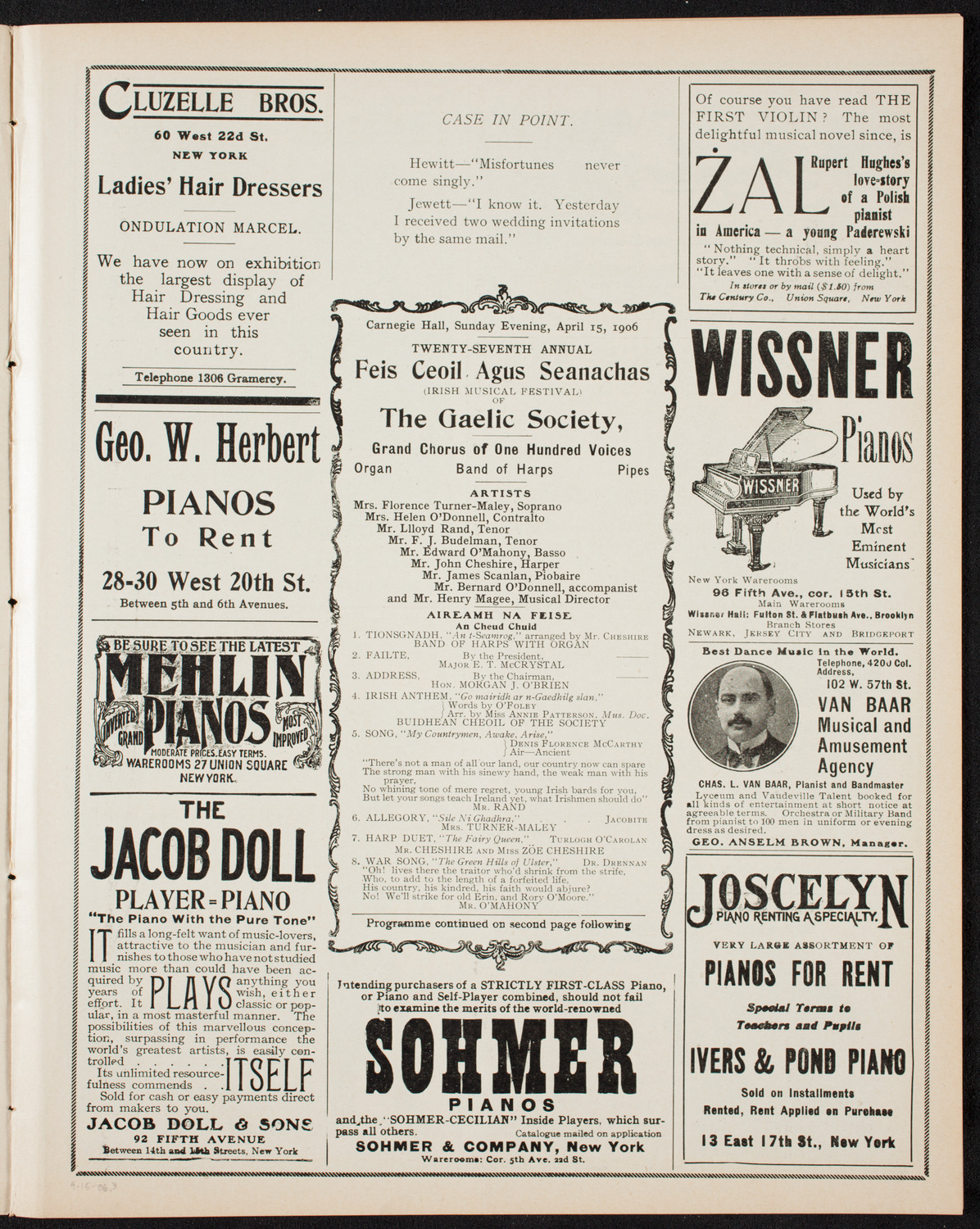 Gaelic Society: Feis Ceoil Agus Seanachas, April 15, 1906, program page 5