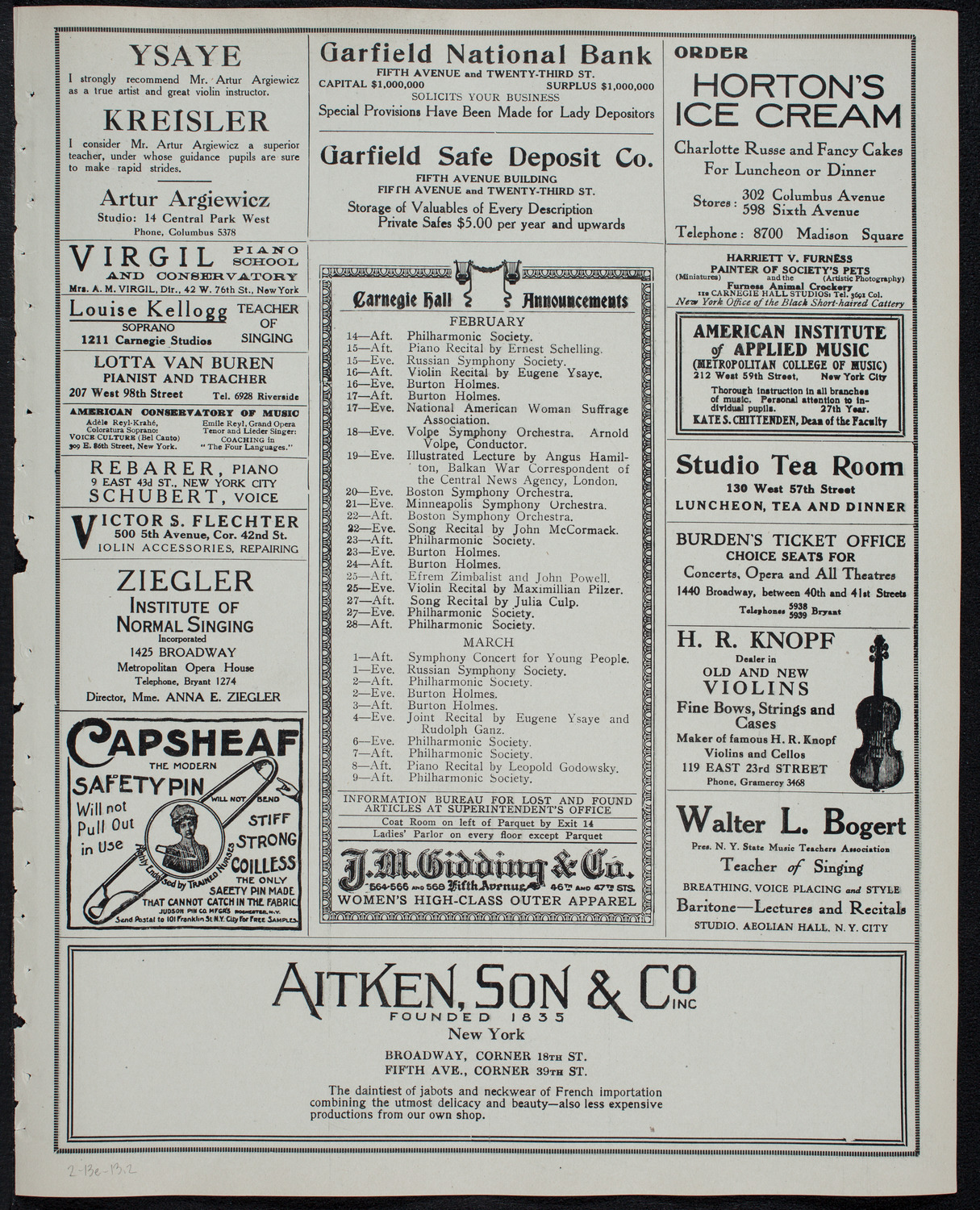 New York Philharmonic, February 13, 1913, program page 3