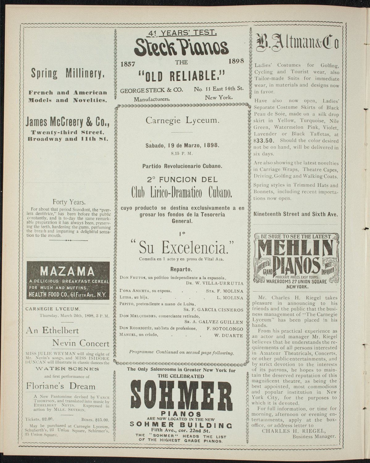 Club Lirico-Dramatico Cubano, March 19, 1898, program page 4