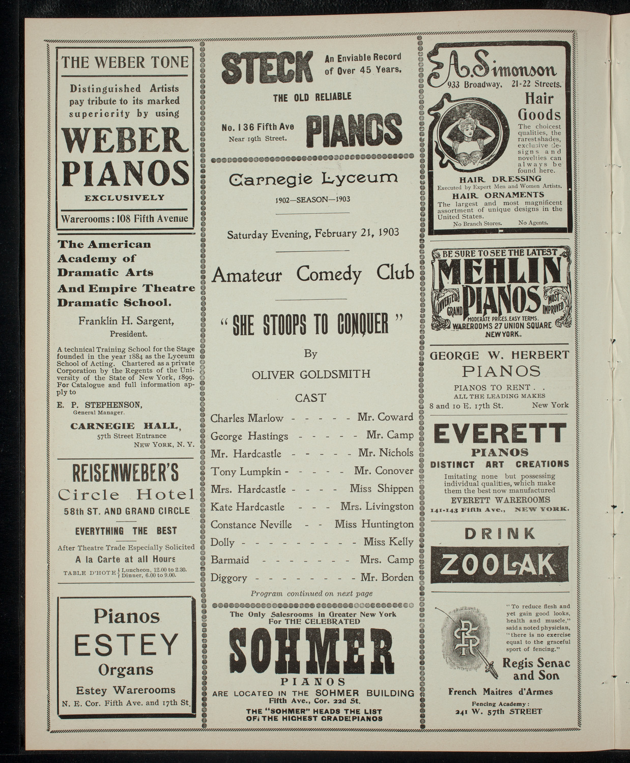 Amateur Comedy Club, February 21, 1903, program page 2