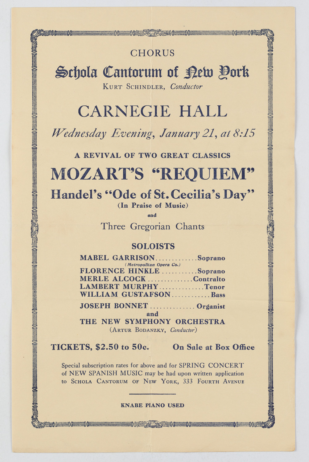 Schola Cantorum of New York, January 21, 1920