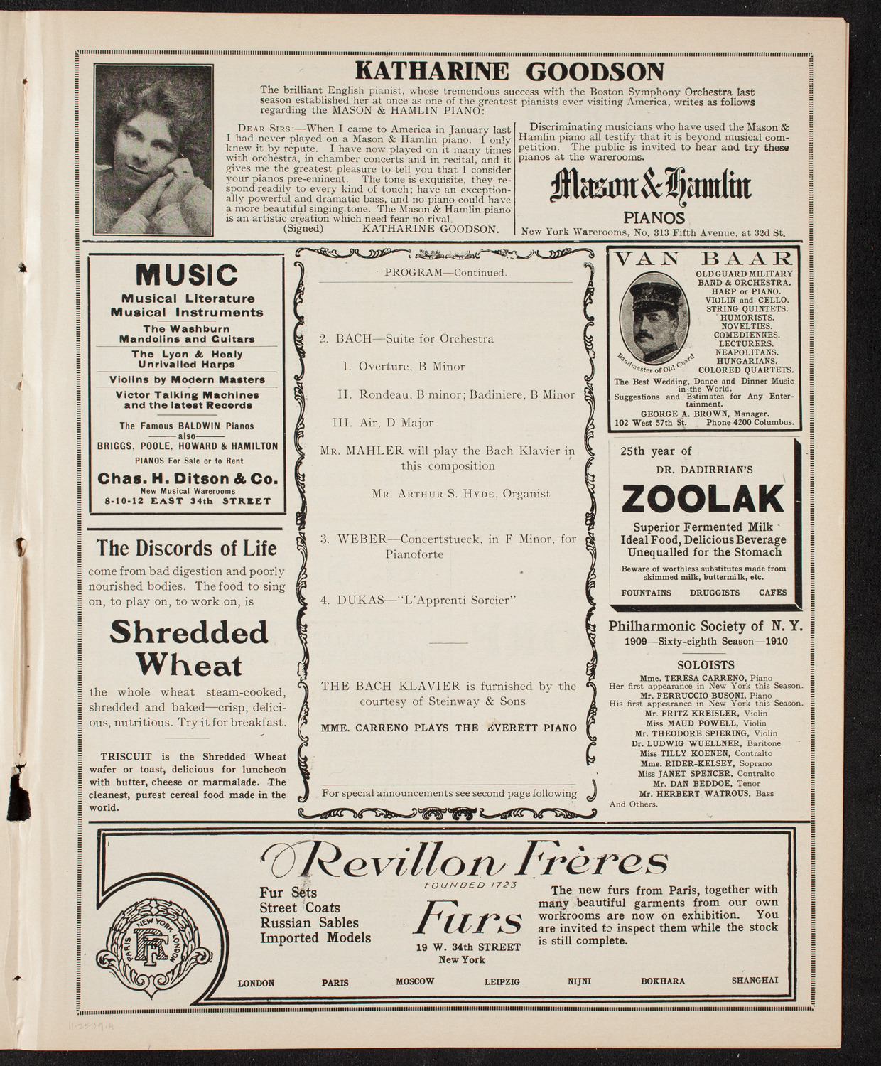 New York Philharmonic, November 25, 1909, program page 7