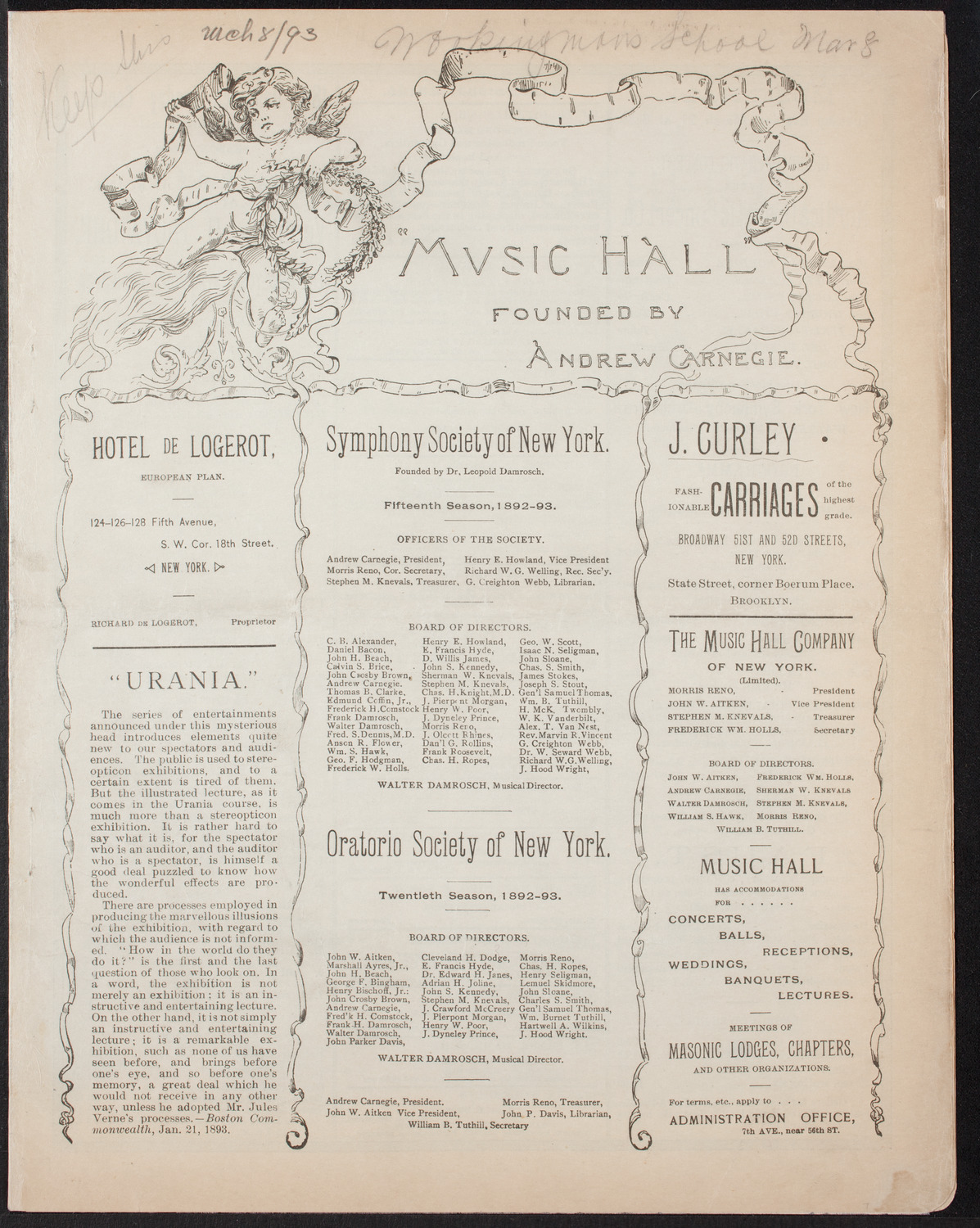Benefit: Workingman's School and District Nursing Department, March 8, 1893, program page 1