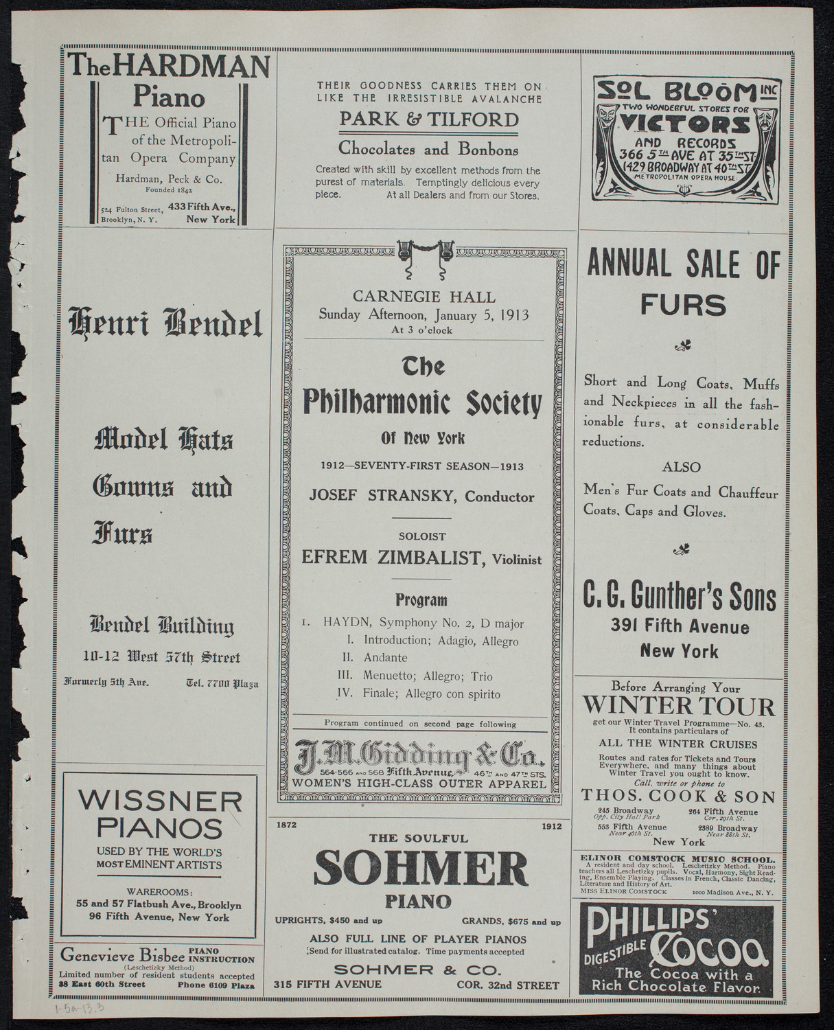 New York Philharmonic, January 5, 1913, program page 5