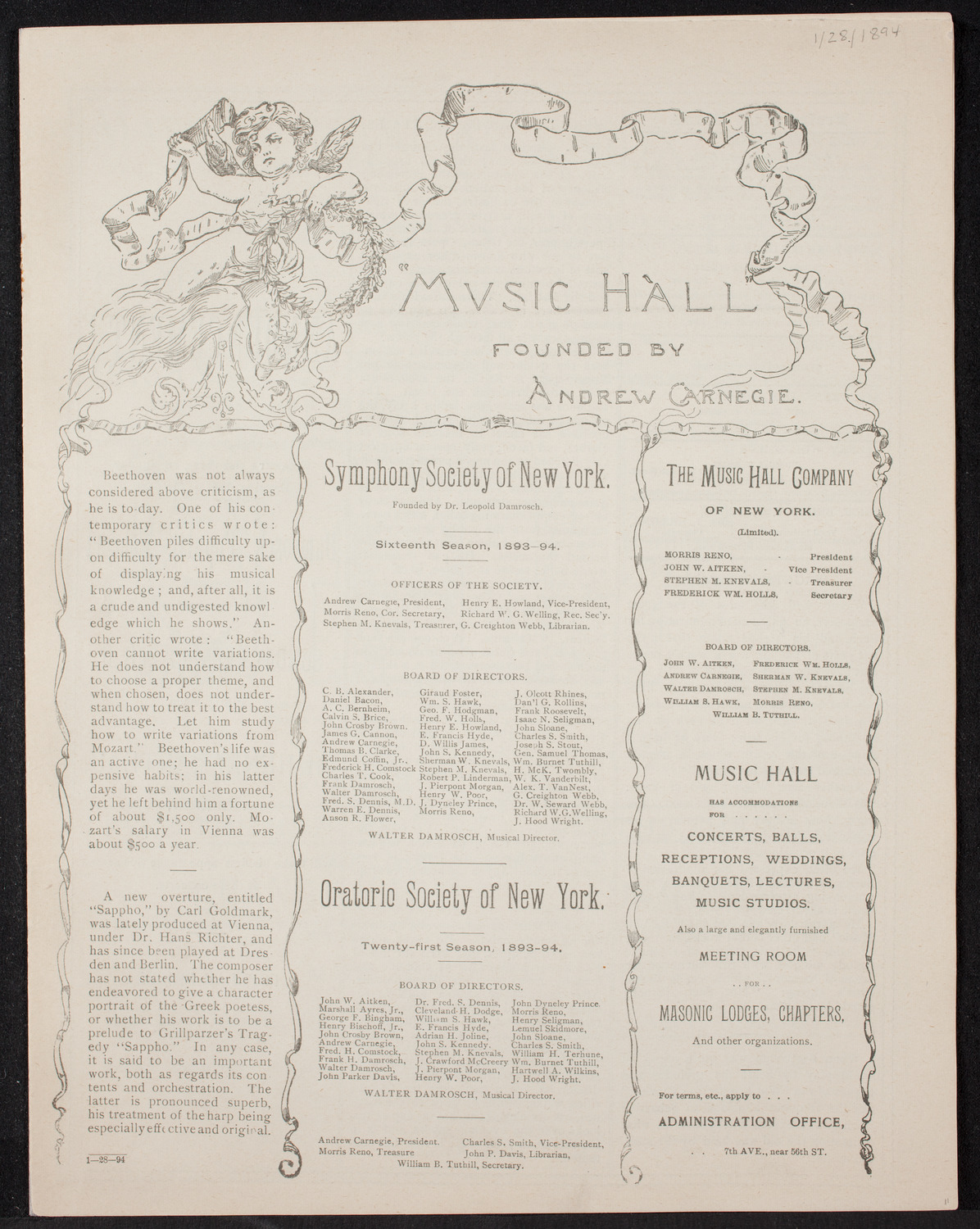 Damrosch Sunday Concert, January 28, 1894, program page 1