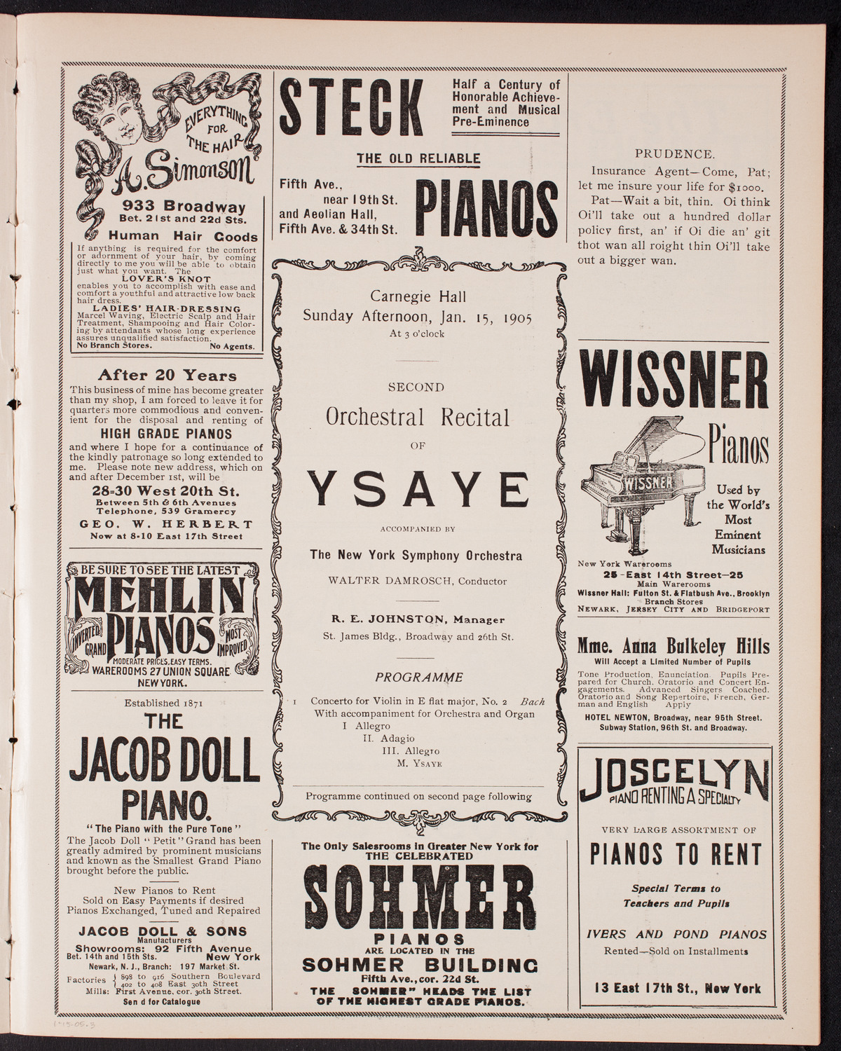 Eugène Ysaÿe, Violin, with the New York Symphony Orchestra, January 15, 1905, program page 5