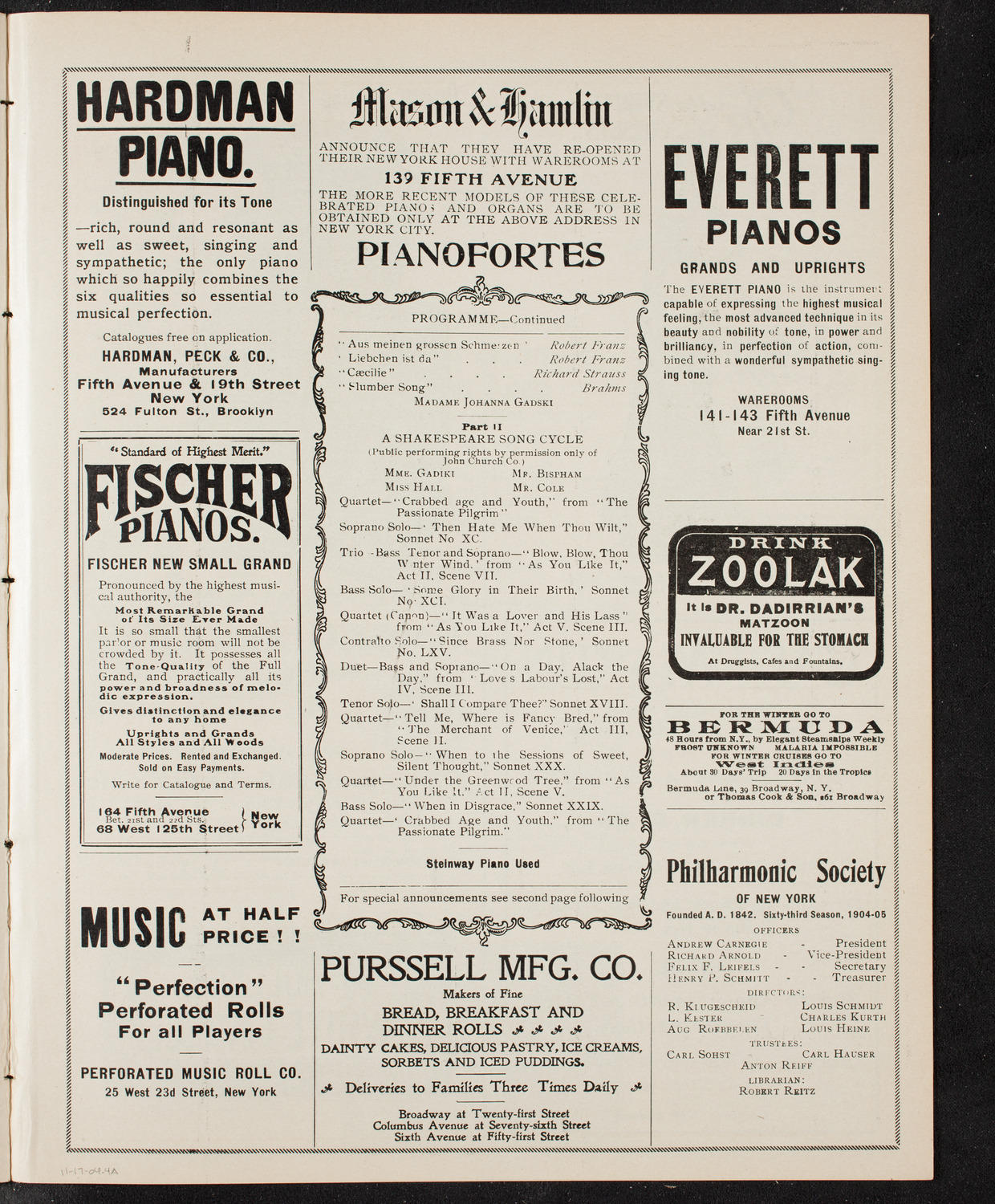 Johanna Gadski, Soprano, and David Bispham, Bass, November 17, 1904, program page 7