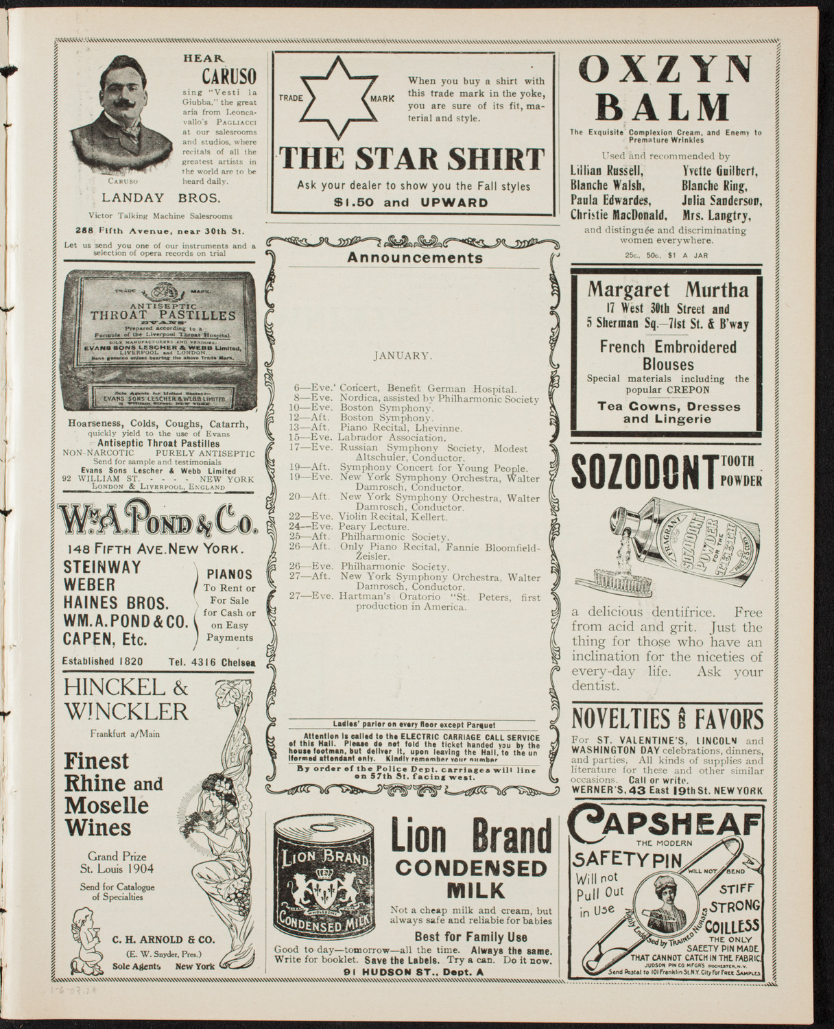Mieczyslaw Horszowski, Piano, January 6, 1907, program page 3