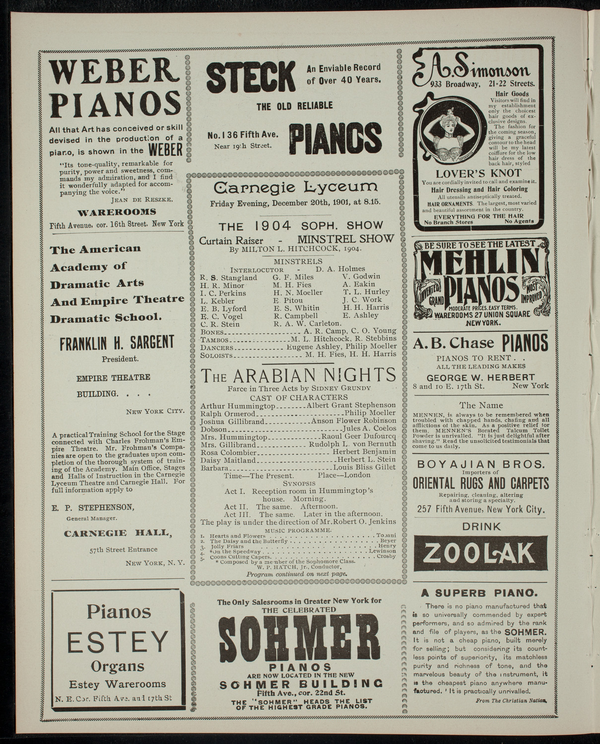 Columbia Sophomore Dramatic Association: The 1904 Sophomore Show, December 20, 1901, program page 2