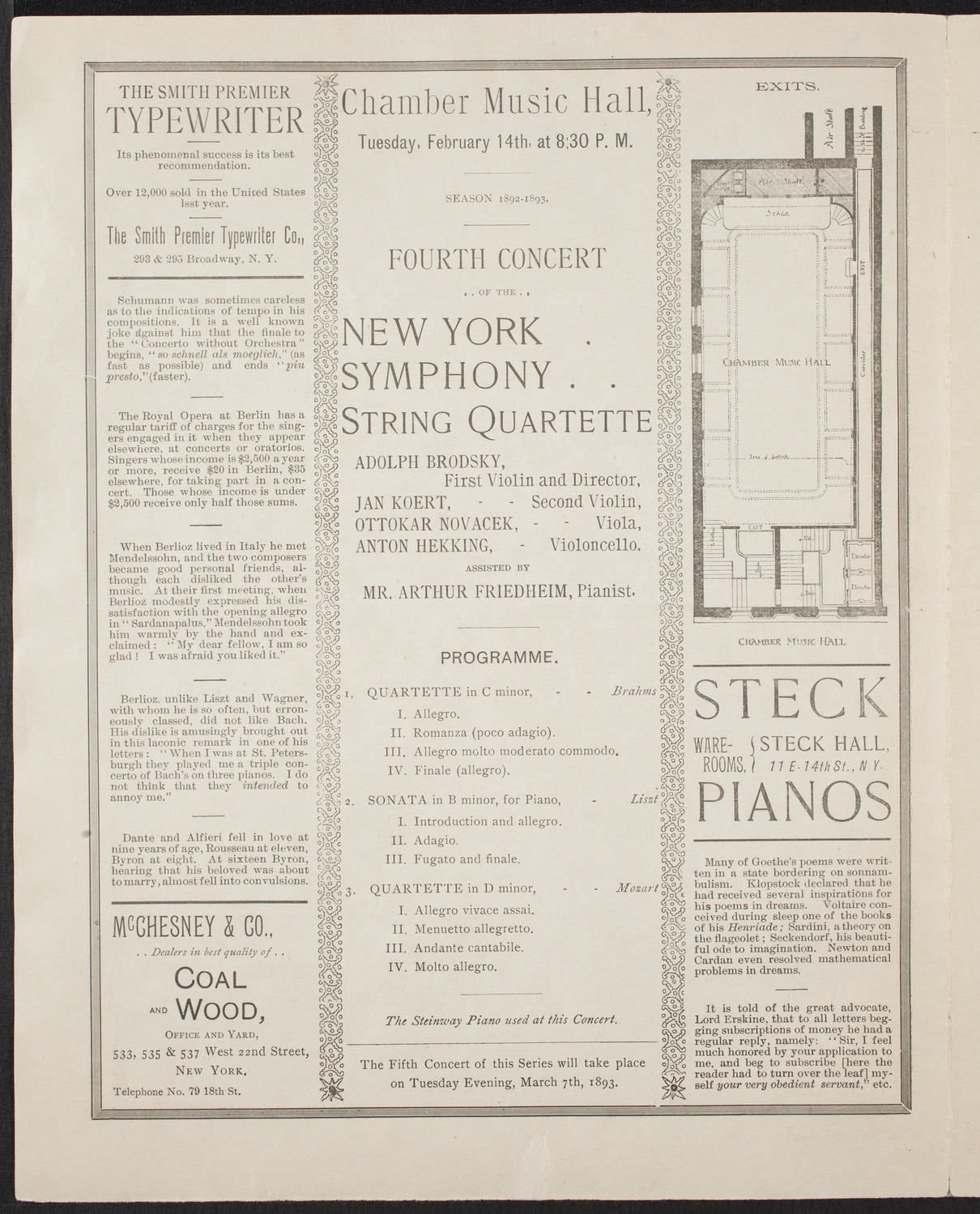 New York Symphony String Quartet, February 14, 1893, program page 2