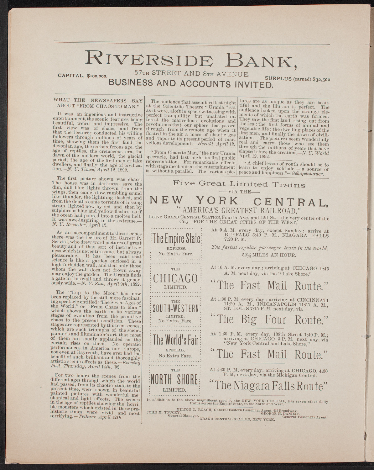Urania Scientific Theatre, April 23, 1892, program page 8