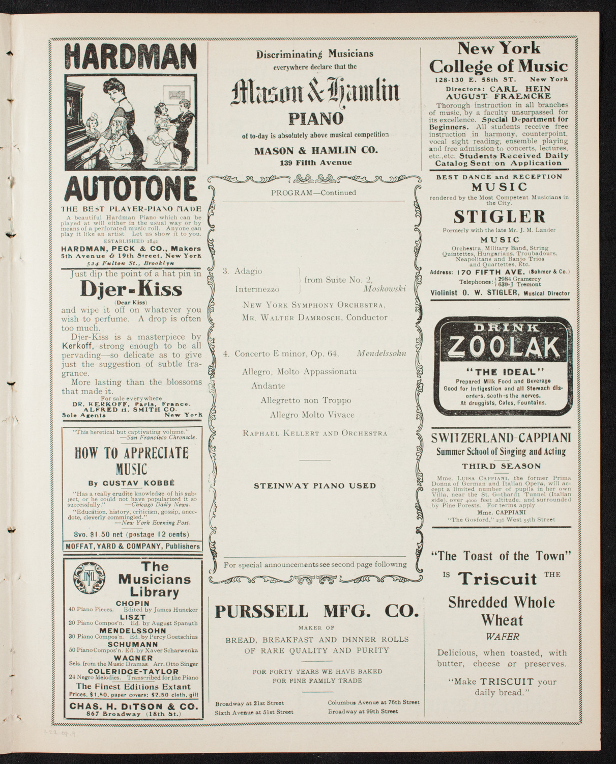 Raphael Kellert with New York Symphony Orchestra, January 22, 1907, program page 7