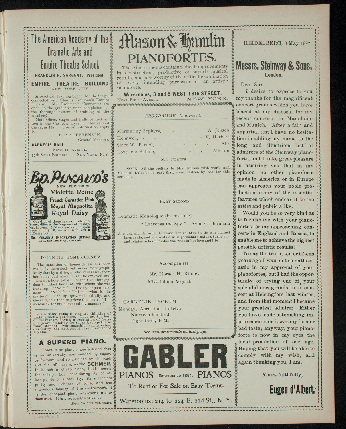 Mrs. Charles Dwight Folsom assisted by Mr. Francis Fischer Powers, April 30, 1900, program page 3