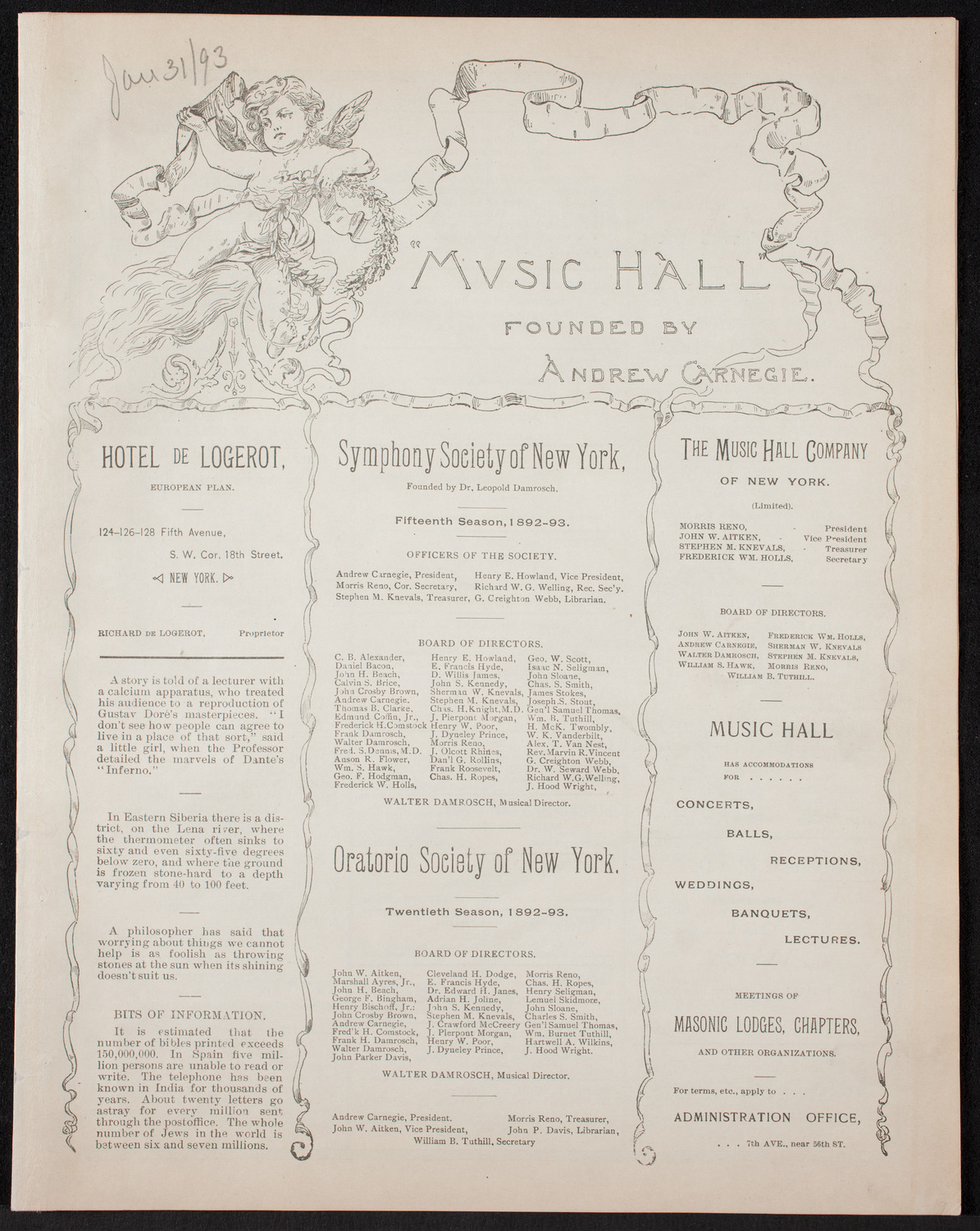 Opera: L'amico Fritz, January 31, 1893, program page 1