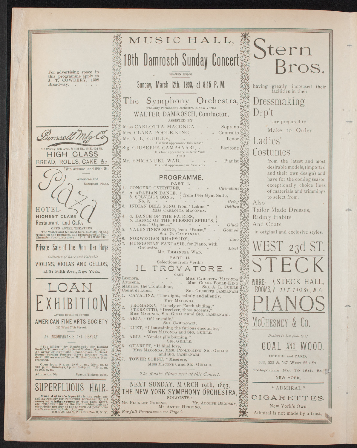 Damrosch Sunday Concert, March 12, 1893, program page 4