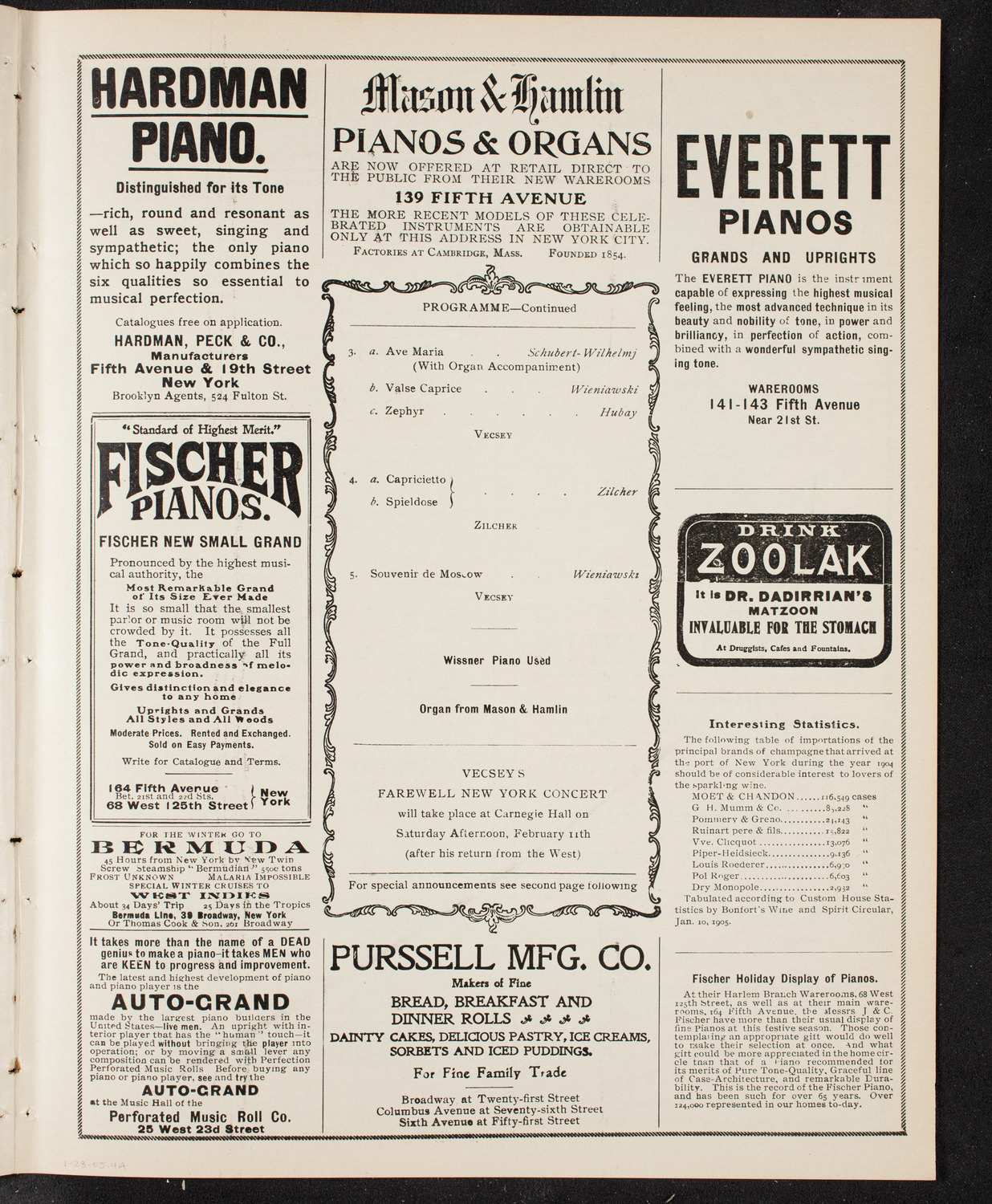 Franz von Vecsey, Violin, January 28, 1905, program page 7