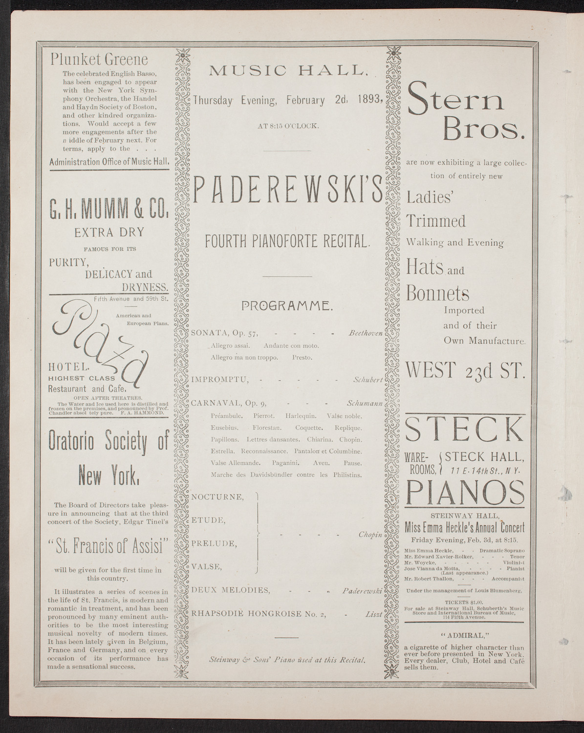 Ignacy Jan Paderewski, Piano, February 2, 1893, program page 6