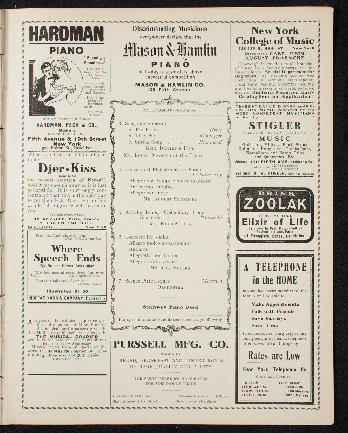 New York College of Music Faculty Concert, October 28, 1906, program page 7
