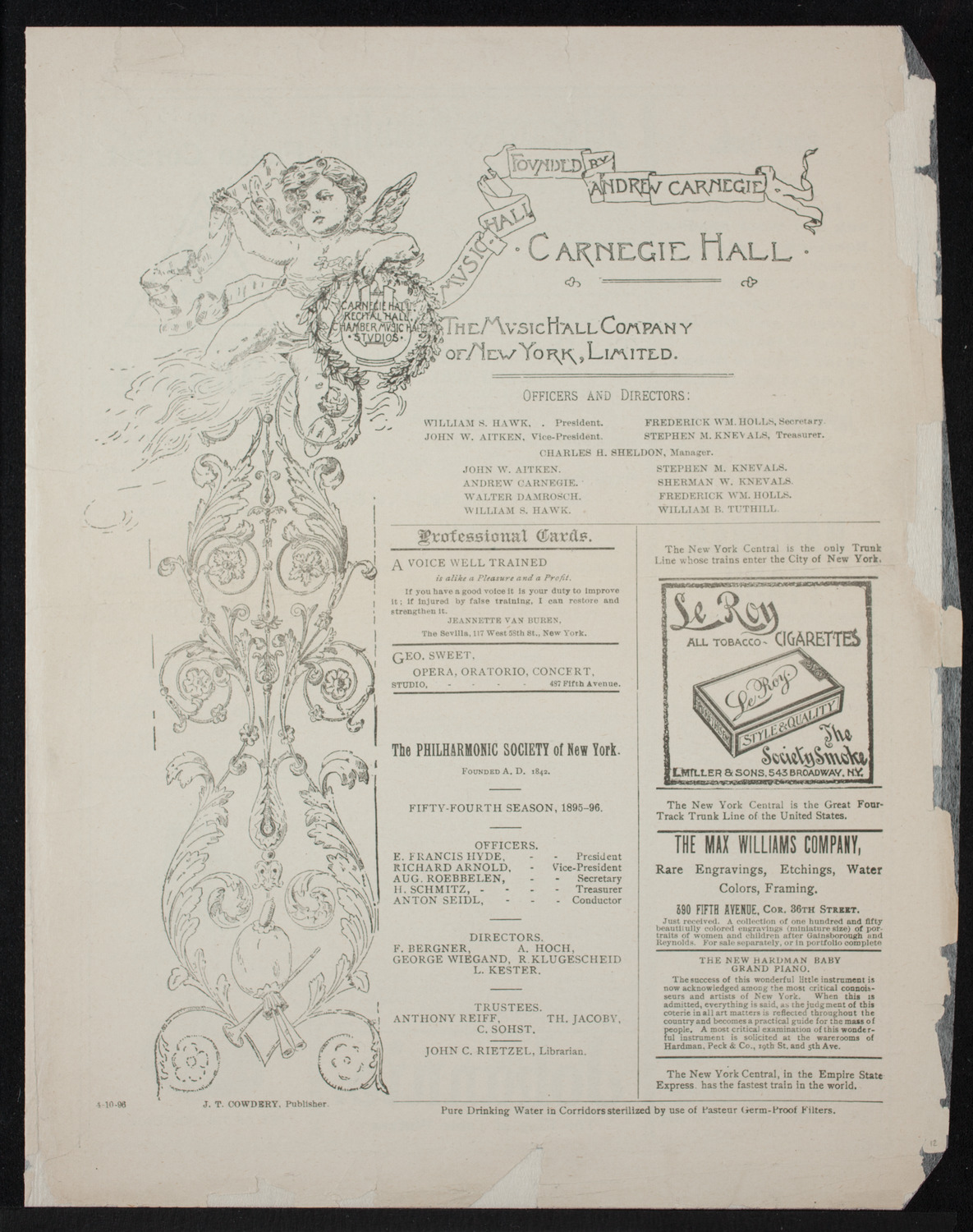 New York Philharmonic, April 10, 1896, program page 1