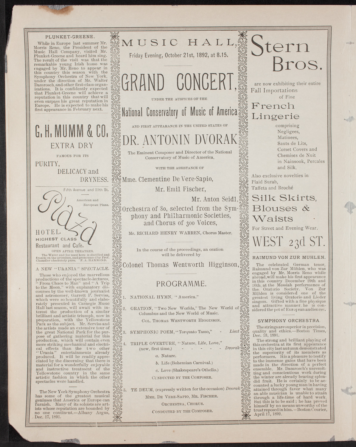 Grand Concert featuring Dr. Antonín Dvorák, October 21, 1892, program page 4