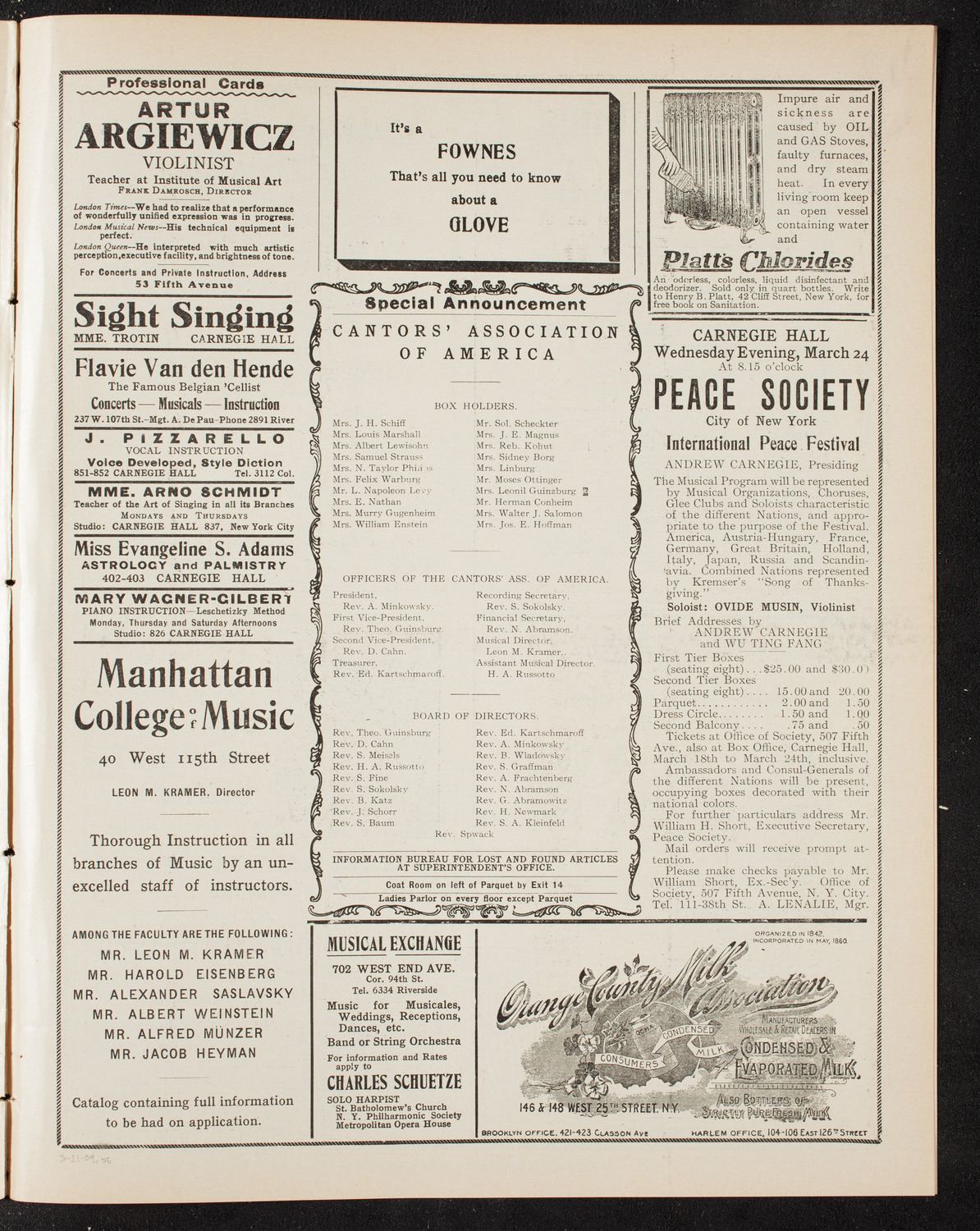 Cantors' Association of America, March 21, 1909, program page 9