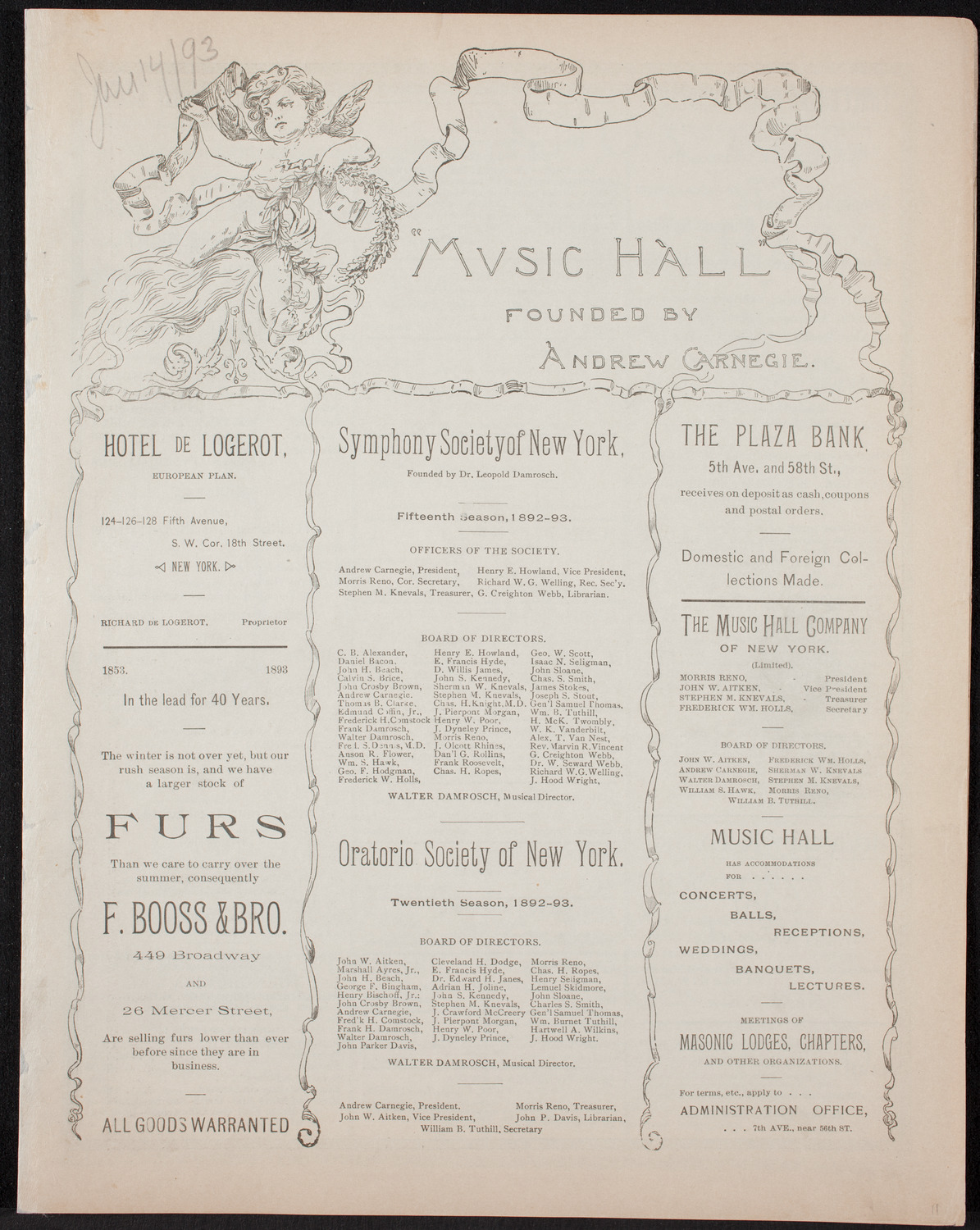 Ignacy Jan Paderewski, Piano, January 14, 1893, program page 1