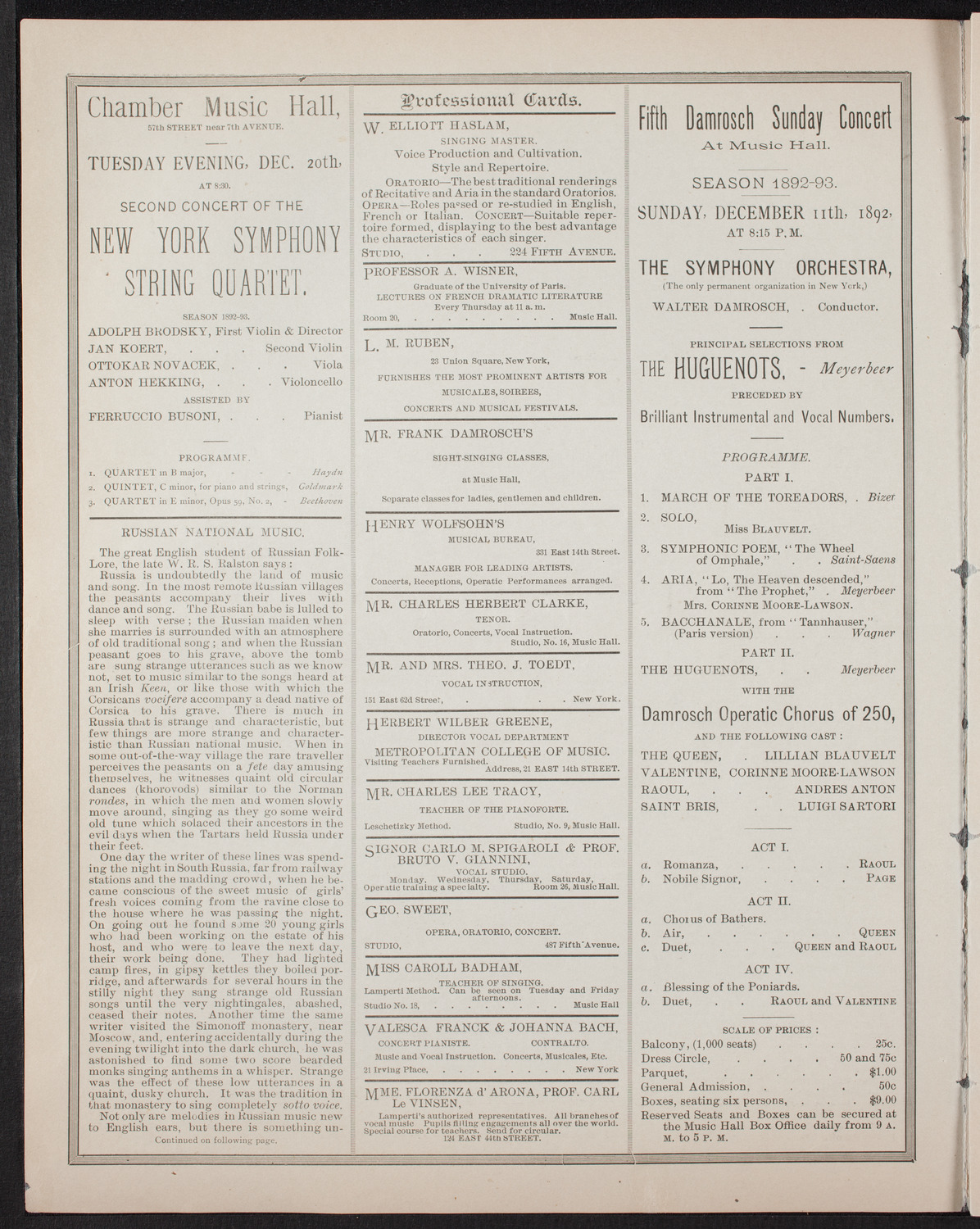 Madame Lineff's Russian Choir, December 10, 1892, program page 2