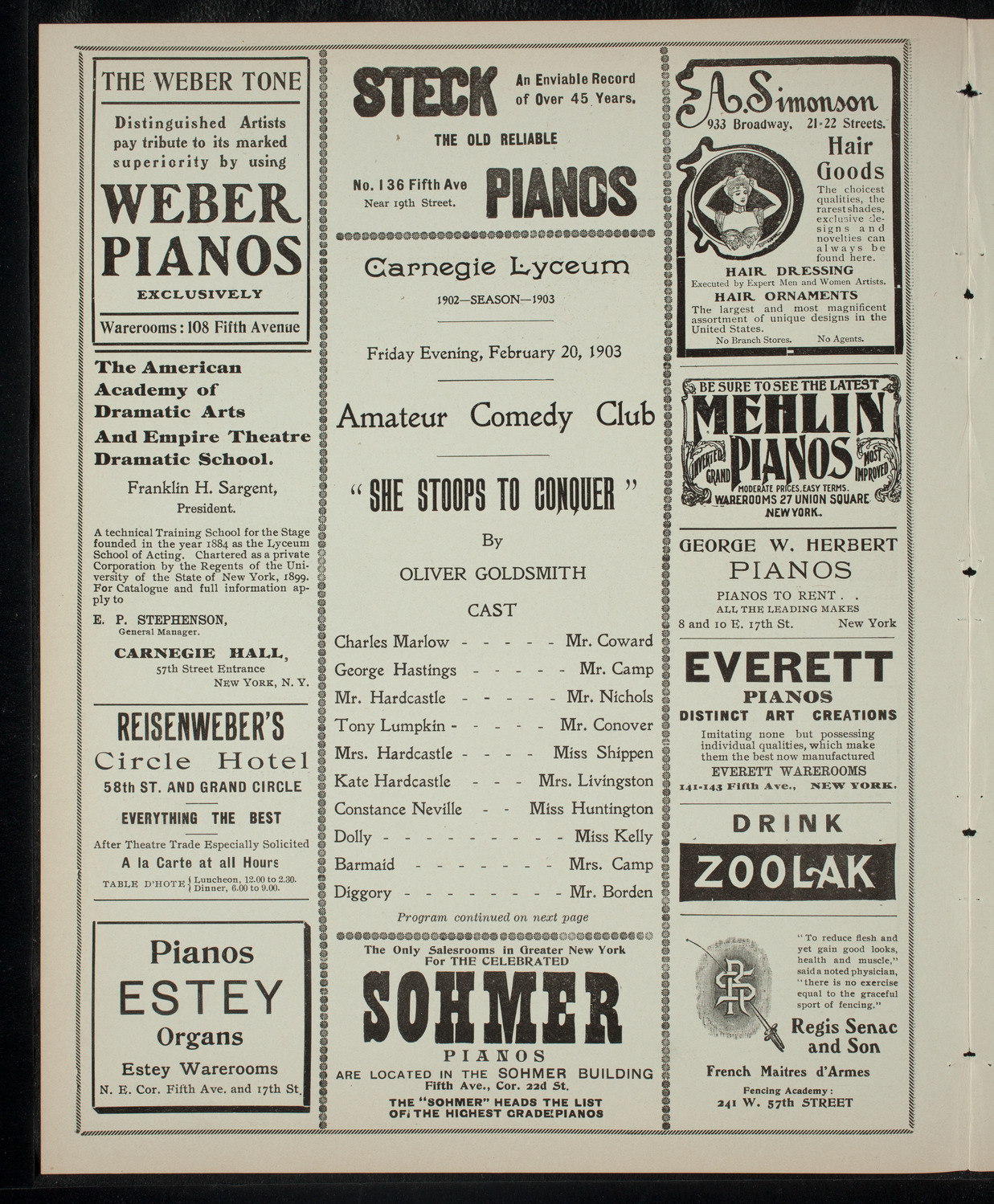 Amateur Comedy Club, February 20, 1903, program page 2