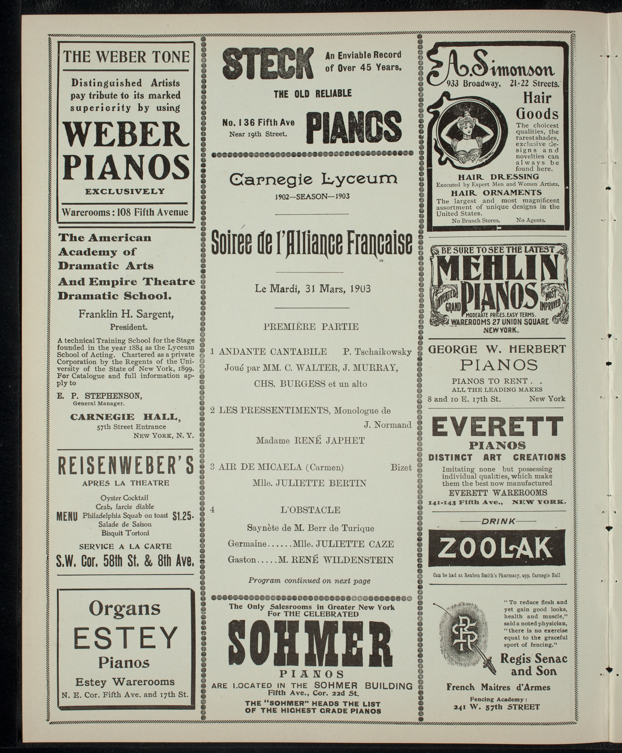 Soirée de l'Alliance Française, March 31, 1903, program page 2