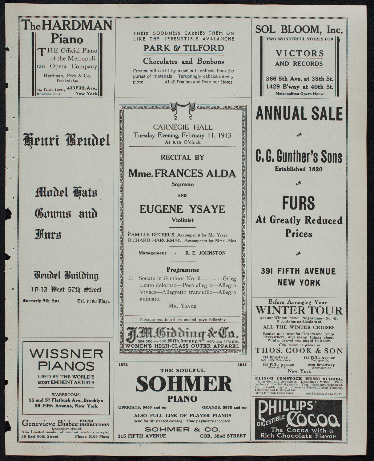 Frances Alda, Soprano, and Eugène Ysaÿe, Violin, February 11, 1913, program page 5