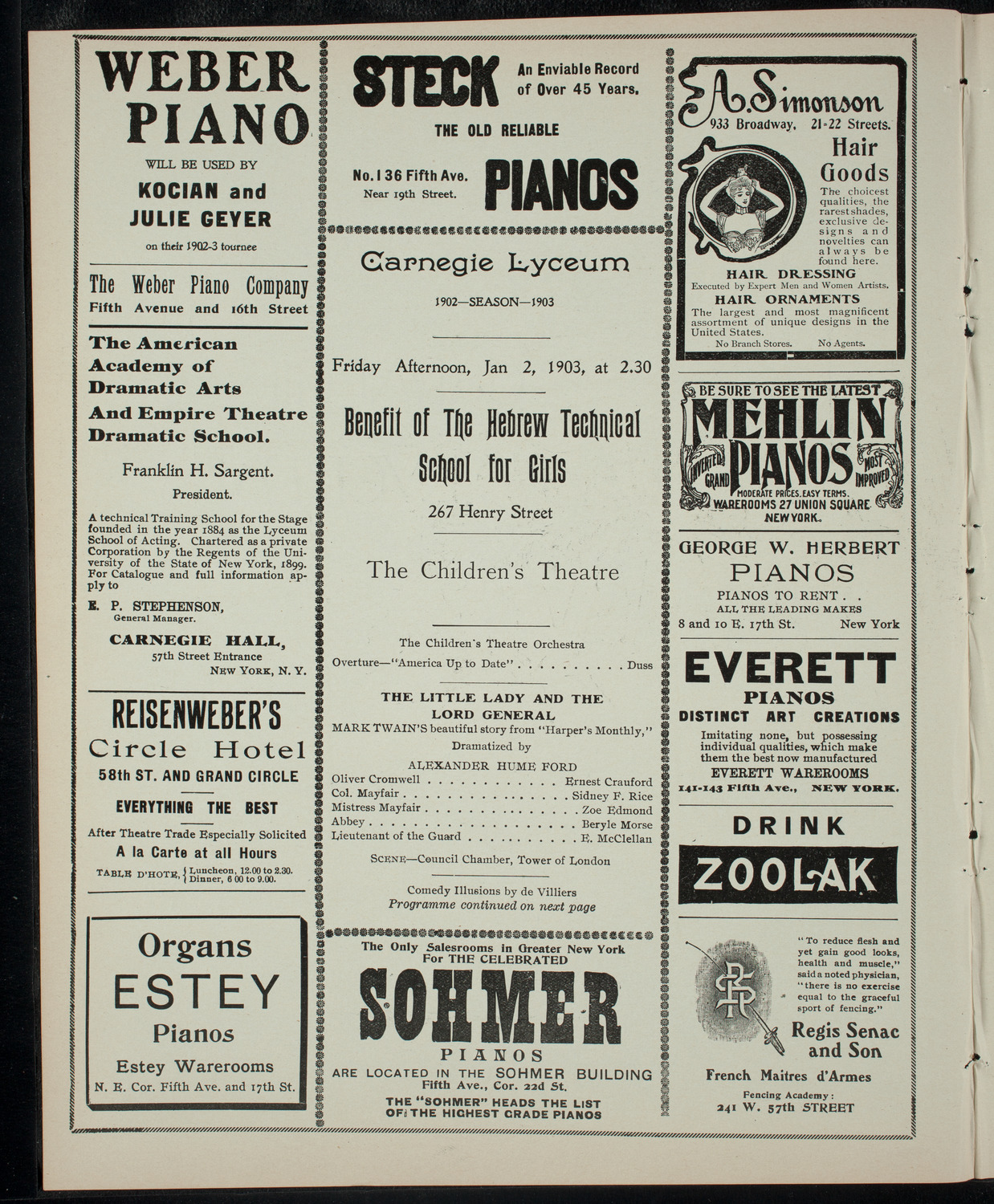 Benefit for the Hebrew Technical School for Girls by the Children's Theatre, January 2, 1903, program page 2