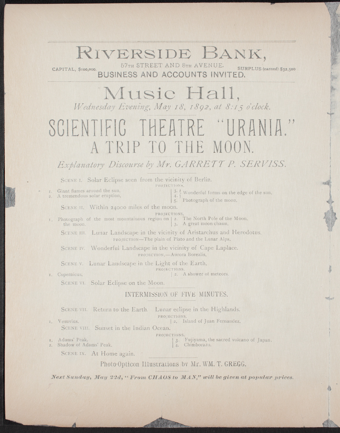 Urania Scientific Theatre, May 18, 1892, program page 2