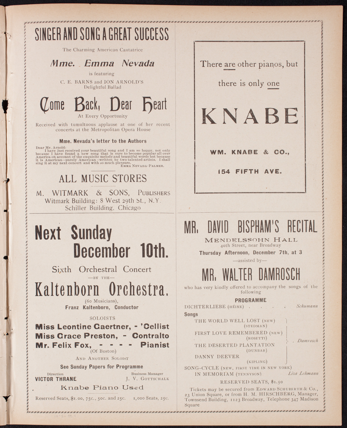 Kaltenborn Orchestra, December 3, 1899, program page 7