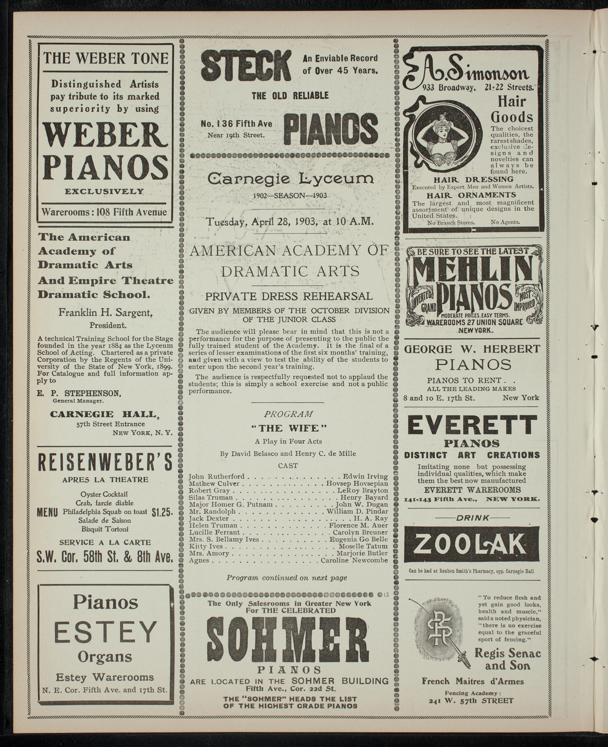 American Academy of Dramatic Arts, April 28, 1903, program page 2