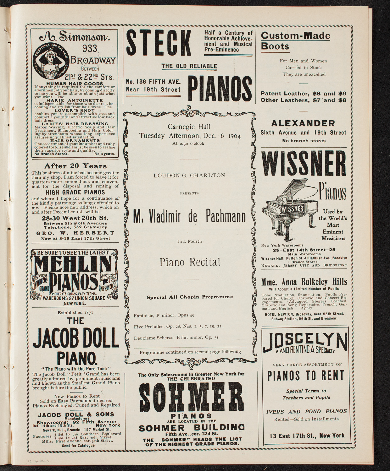 Vladimir de Pachmann, Piano, December 6, 1904, program page 5