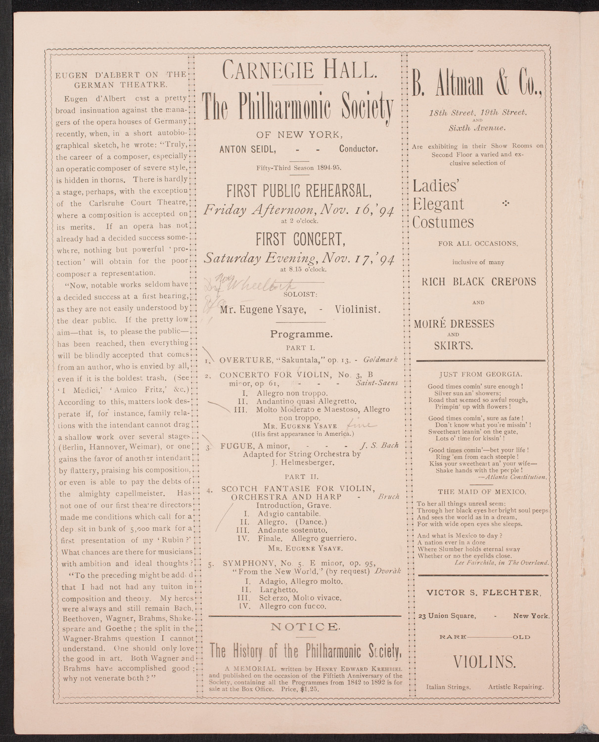 New York Philharmonic, November 16, 1894, program page 4