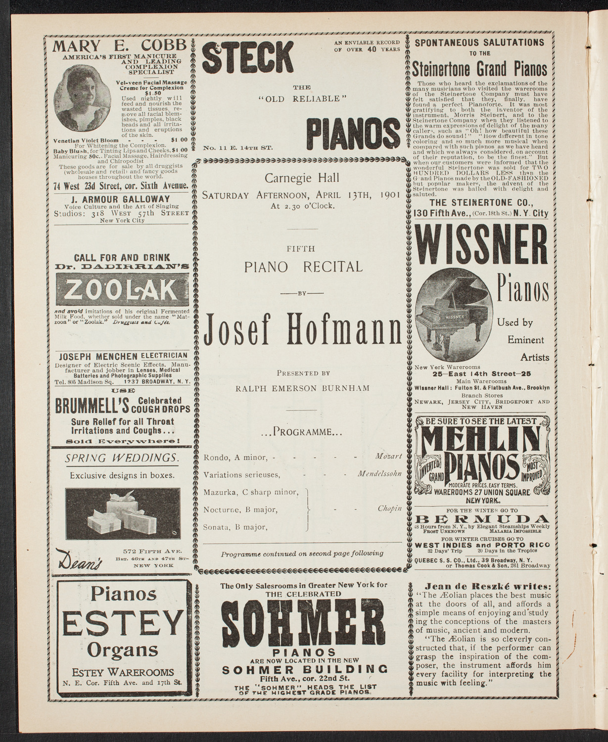 Josef Hofmann, Piano, April 13, 1901, program page 4