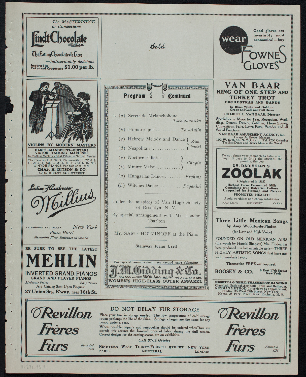 Efrem Zimbalist, Violin, April 27, 1913, program page 7