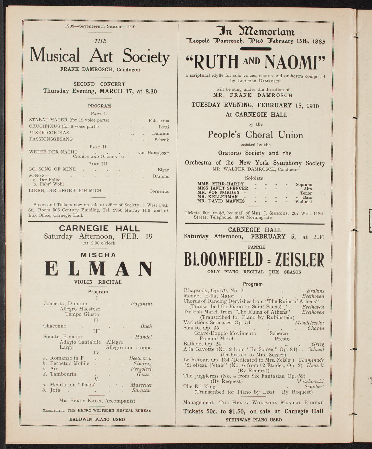 New York Philharmonic, February 4, 1910, program page 10