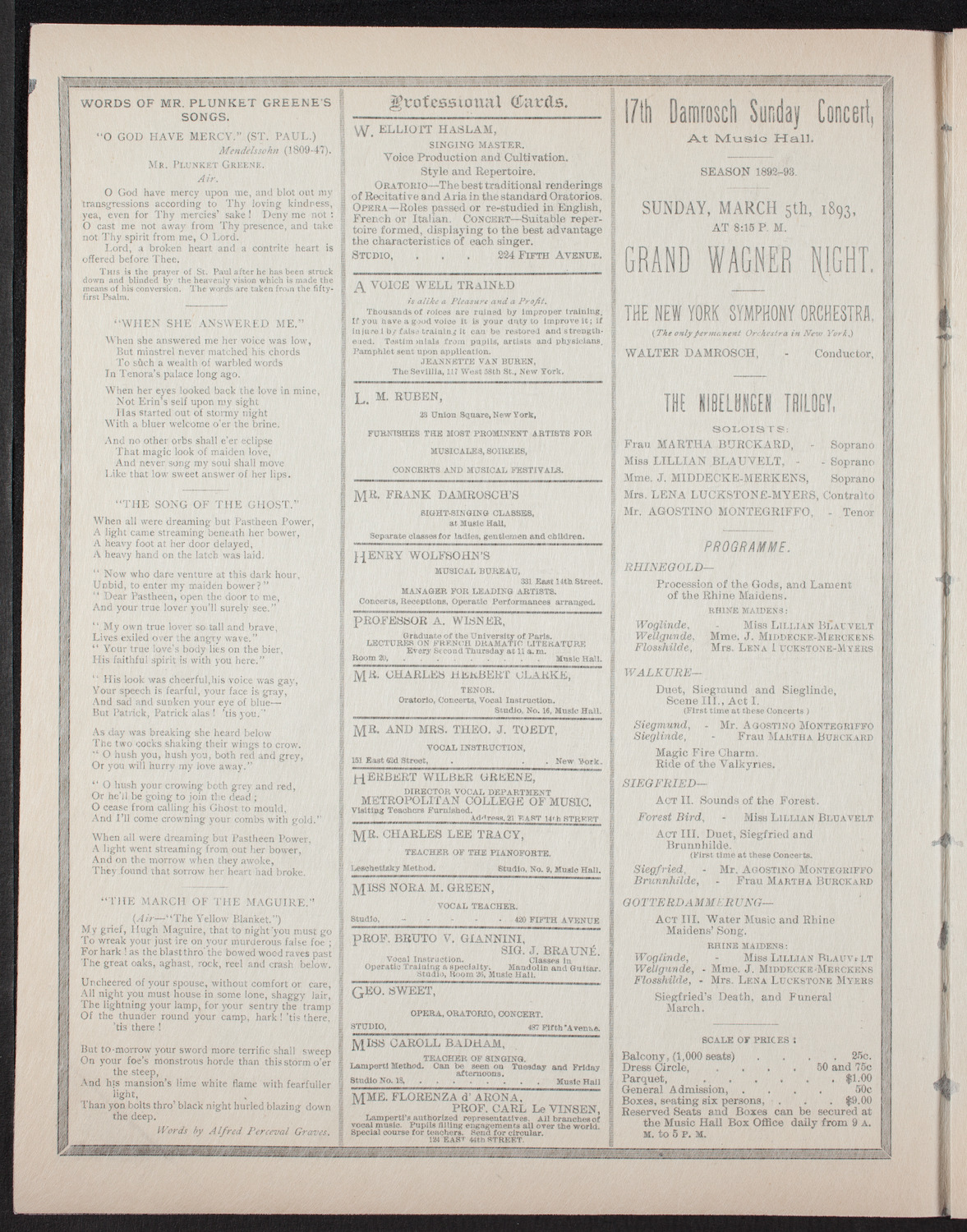 Damrosch Sunday Concert, February 26, 1893, program page 2