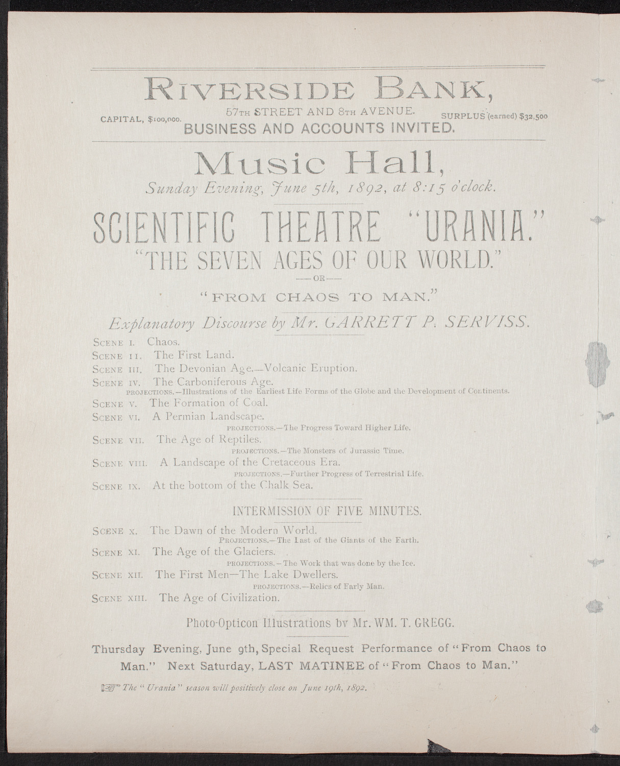 Urania Scientific Theatre, June 5, 1892, program page 2