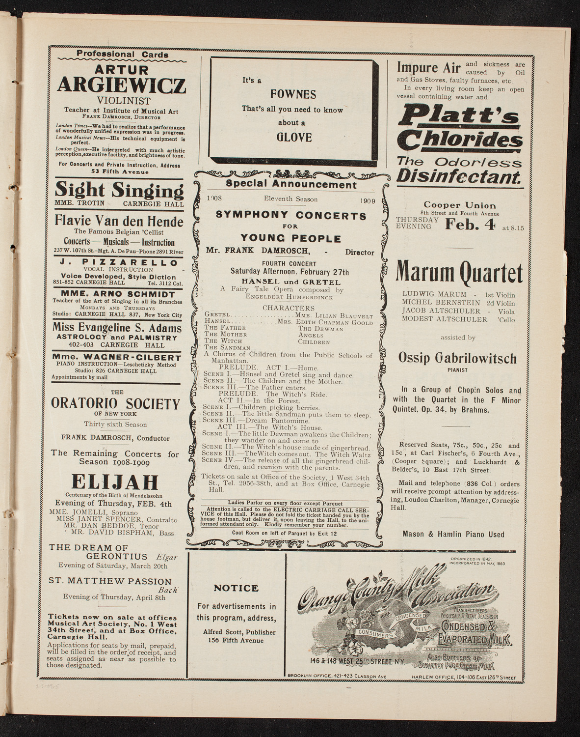 New York Symphony Orchestra: Mendelssohn Centennial Festival, February 2, 1909, program page 9