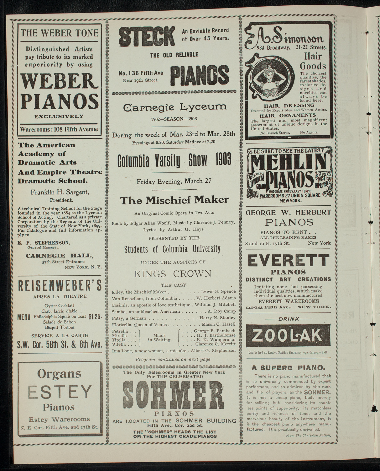 Columbia Varsity Show 1903, March 27, 1903, program page 2