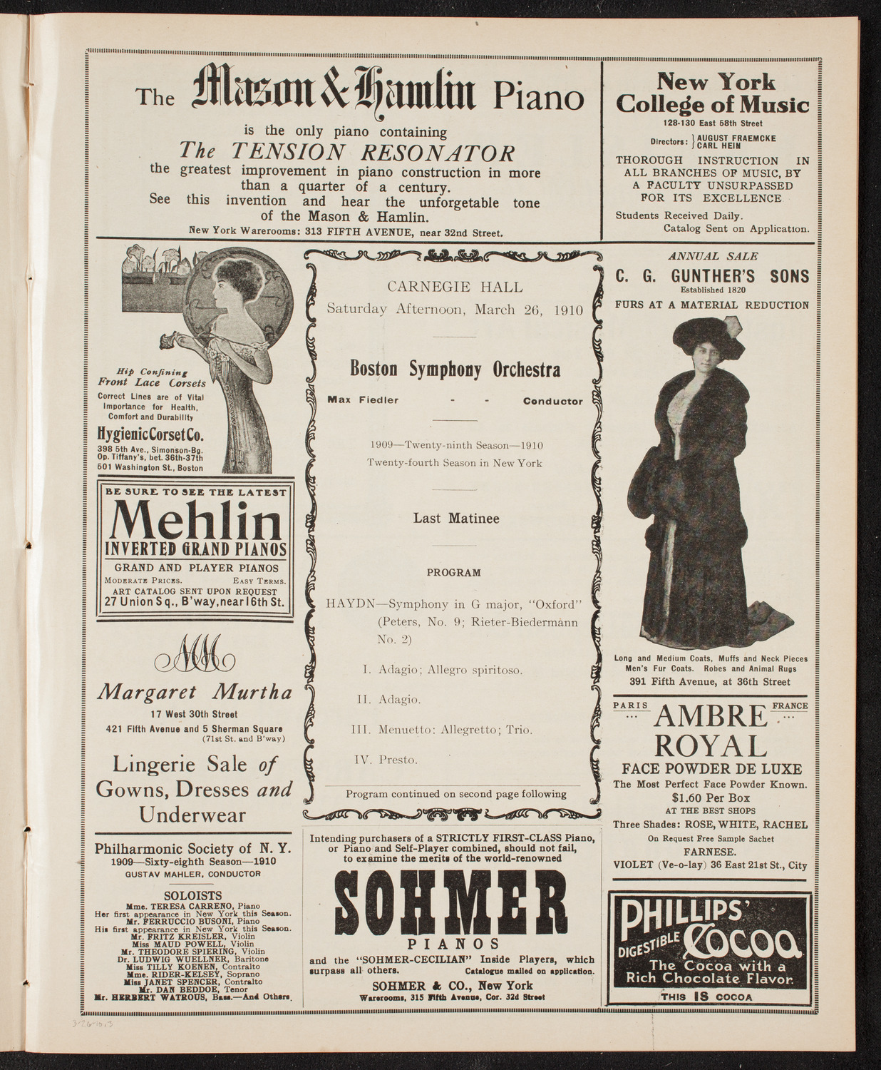 Boston Symphony Orchestra, March 26, 1910, program page 5